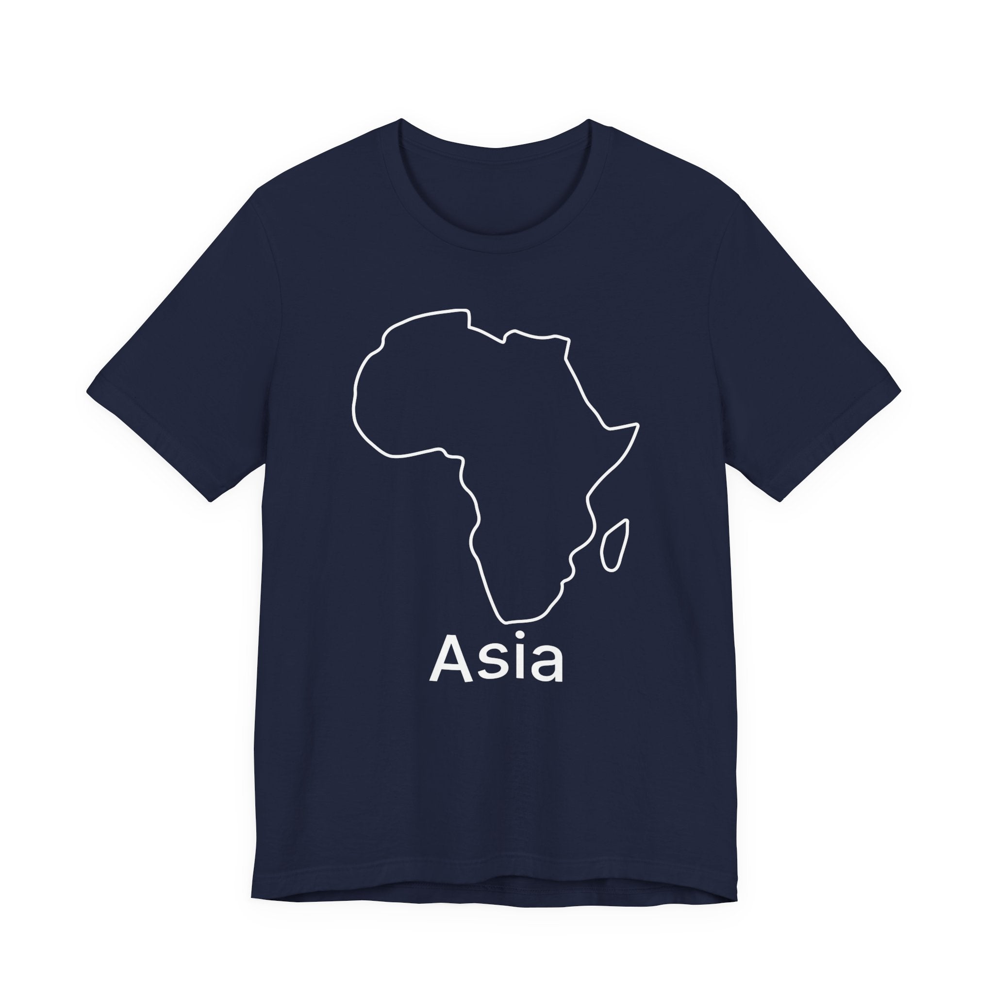 Navy blue t-shirt with a white outline of Africa and the word 'Asia' on a white background