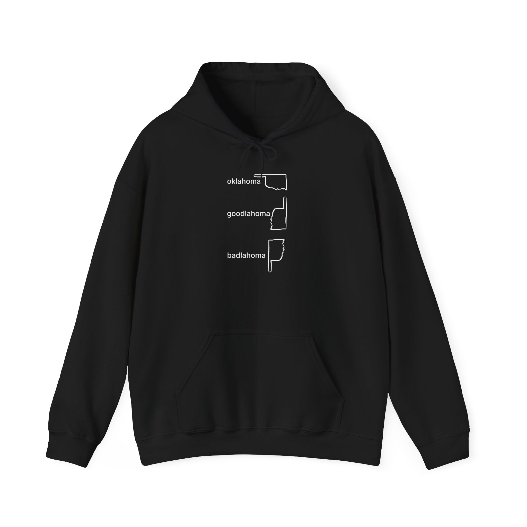 Black hoodie with white text and shapes on a white background