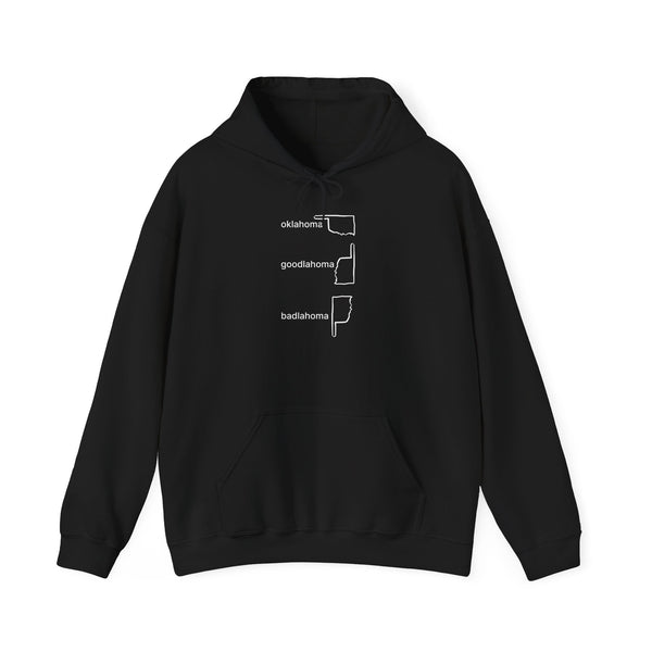 Black hoodie with white text and shapes on a white background
