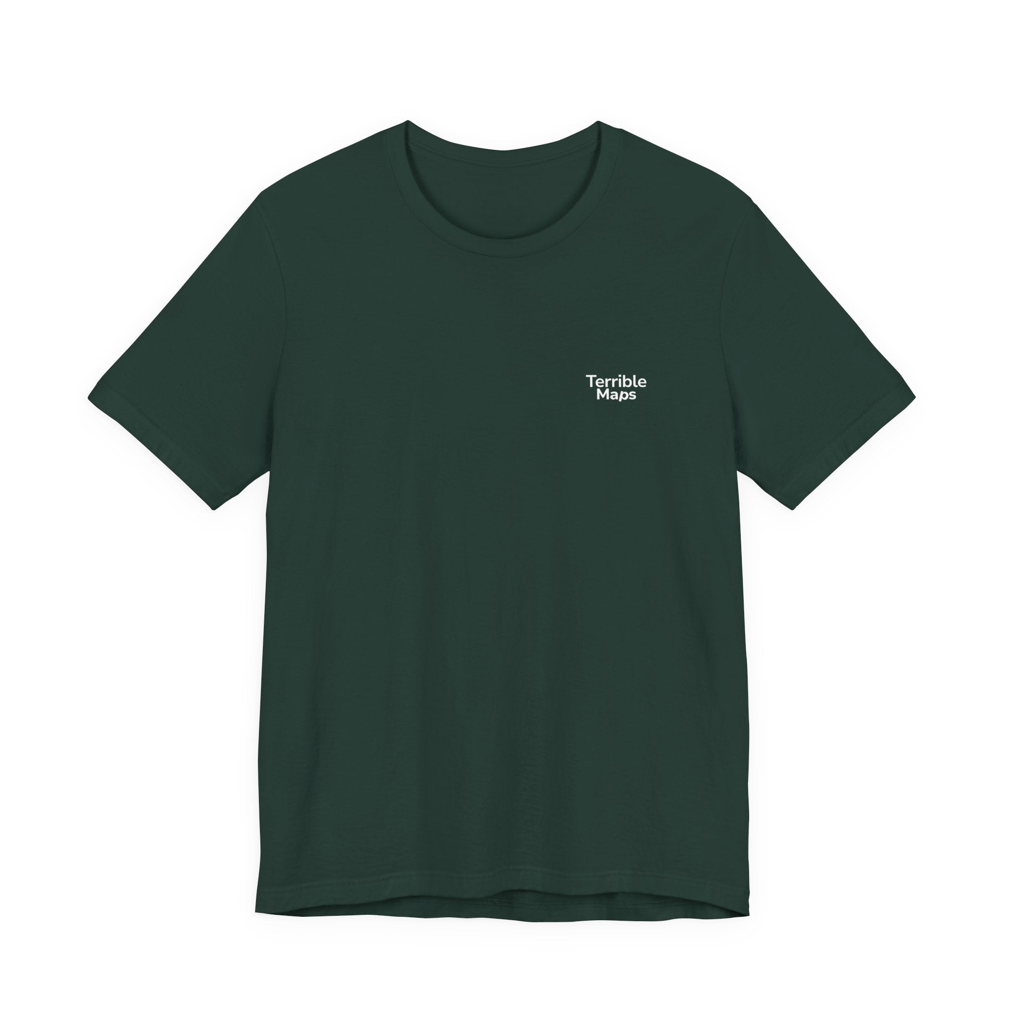 Green t-shirt with 'Terrible Maps' logo on a white background