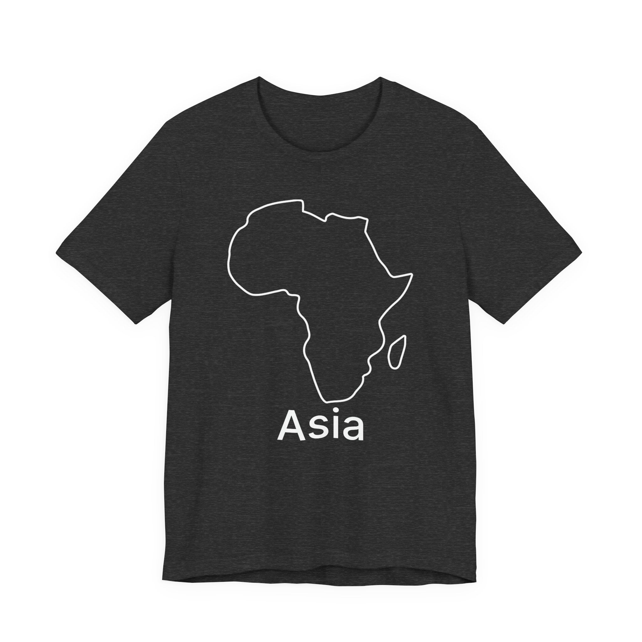 Black t-shirt with a white outline of Africa and 'Asia' text on a white background