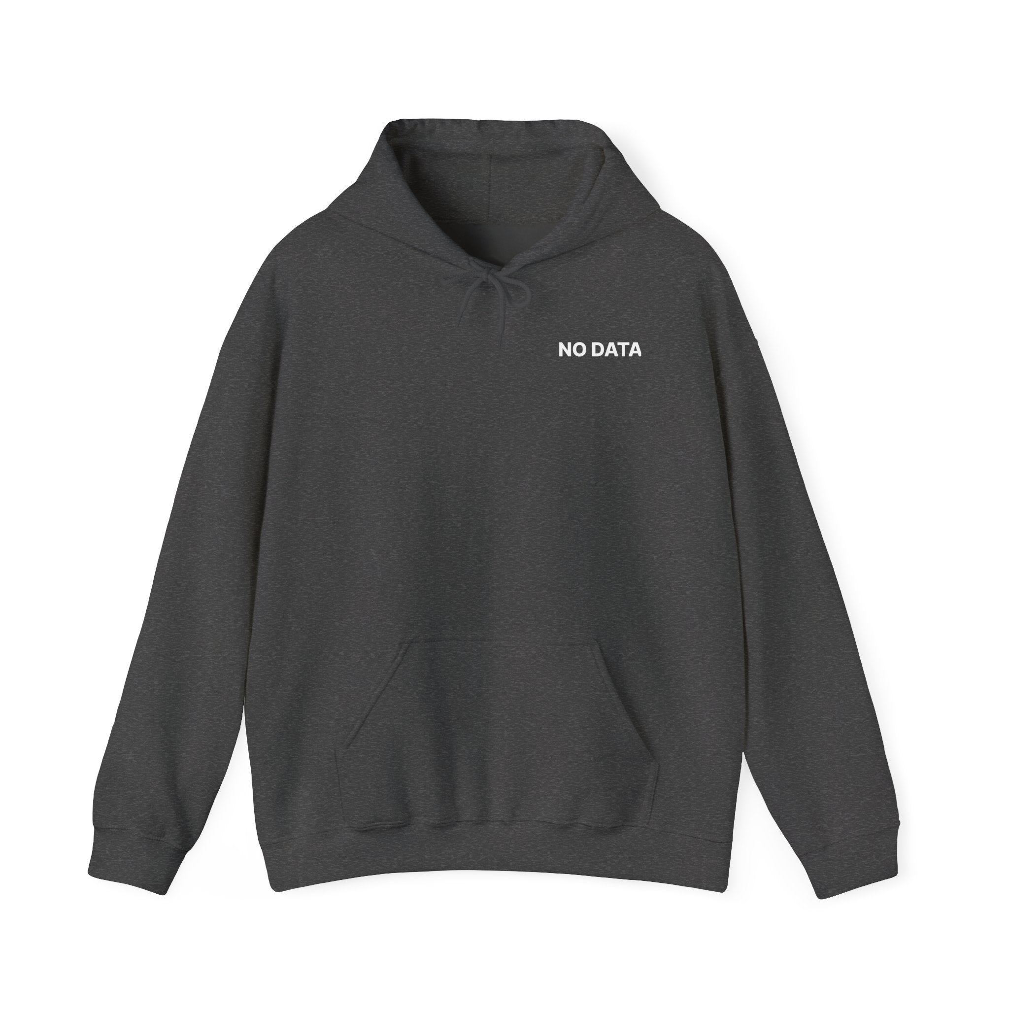 Dark gray hoodie with 'NO DATA' text on a white background