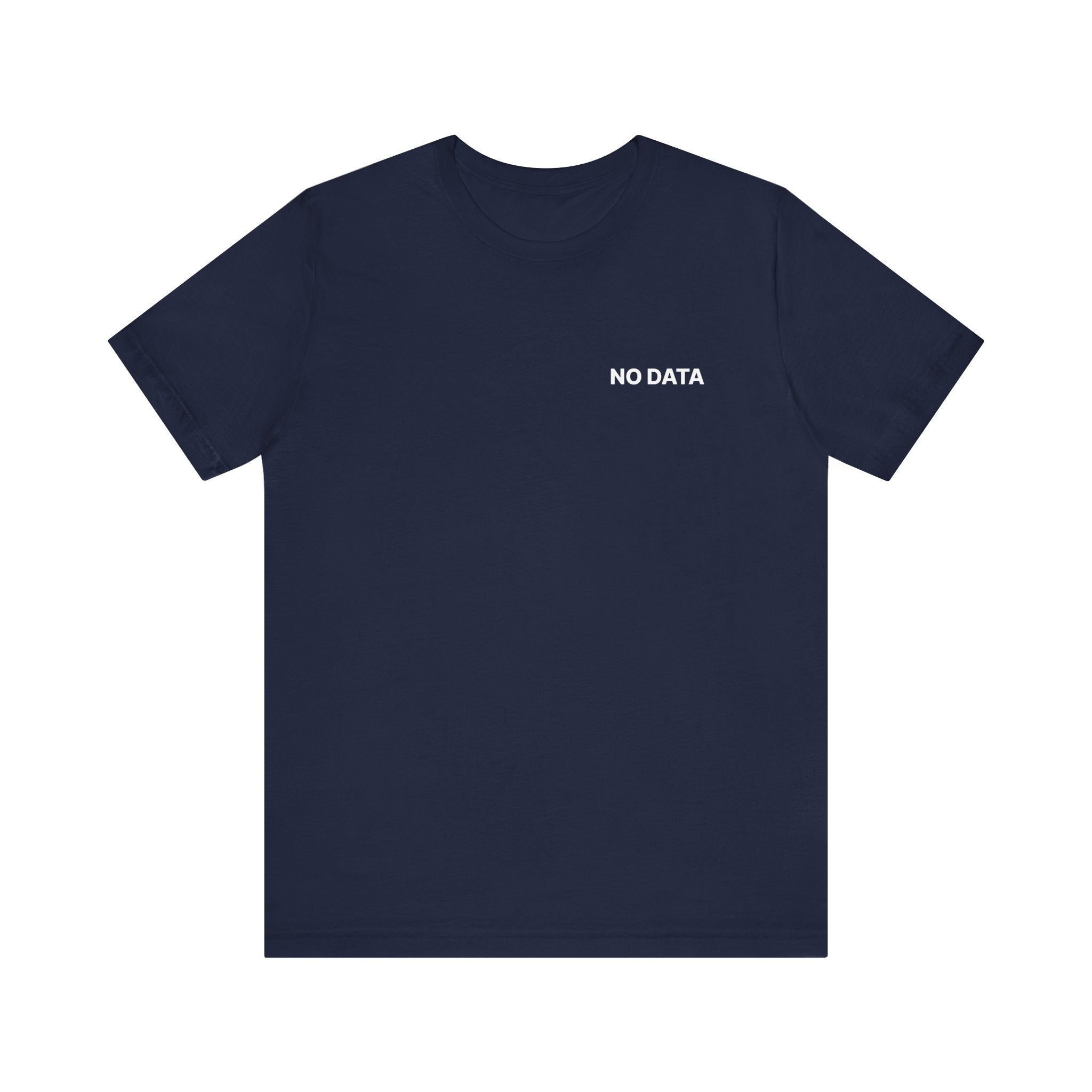 Navy blue t-shirt with 'NO DATA' text on a white background