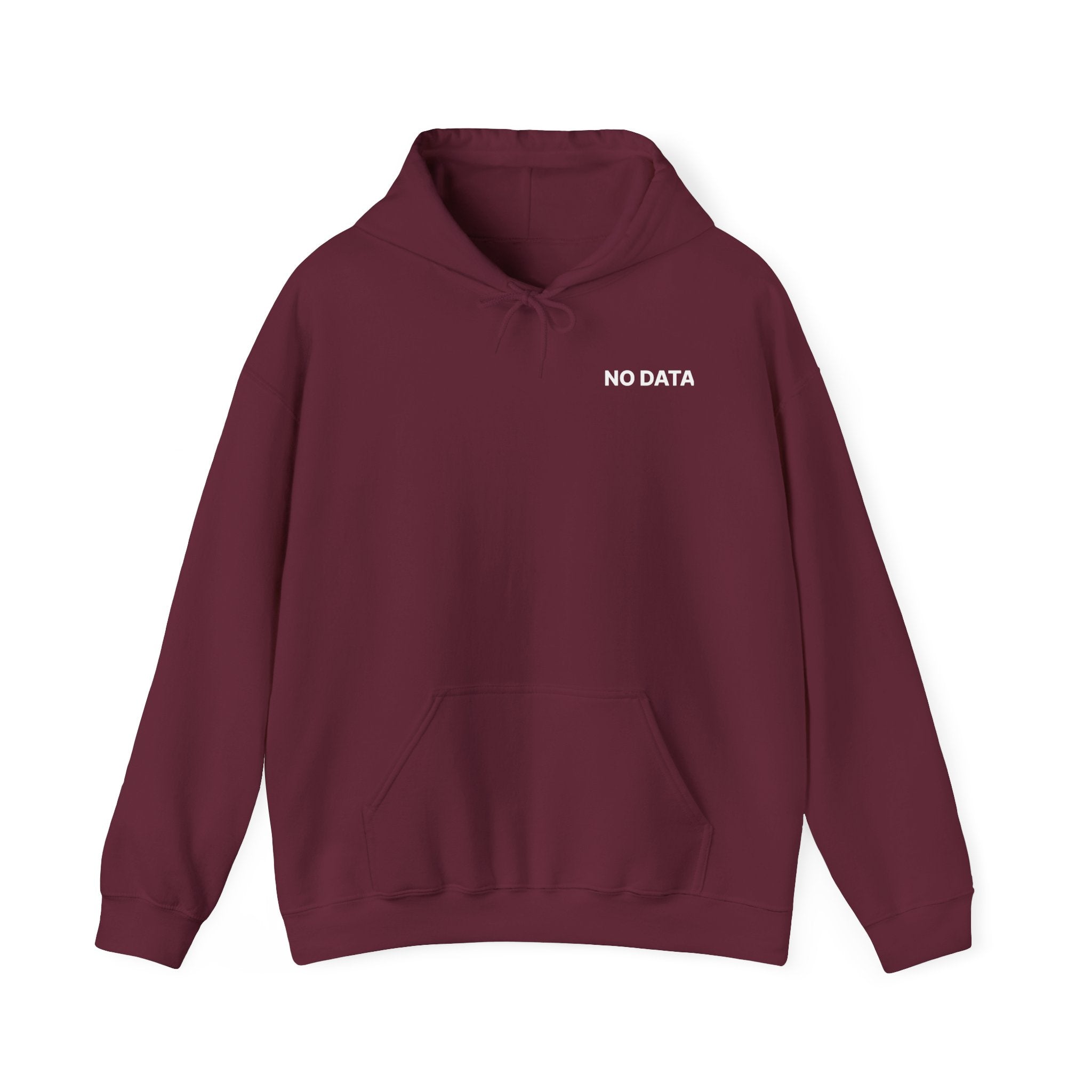 Maroon hoodie with 'NO DATA' text on a white background