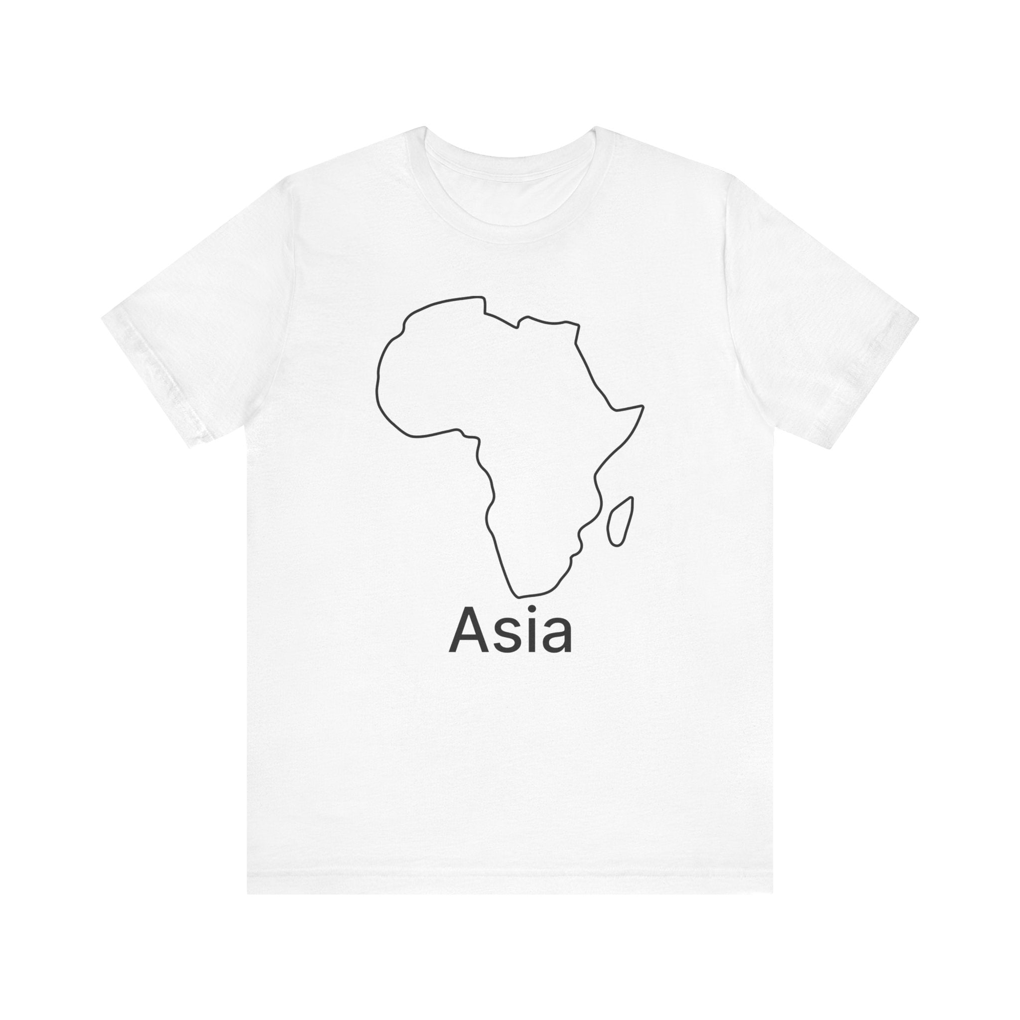 White t-shirt with a map of Africa and the word 'Asia' on a white background