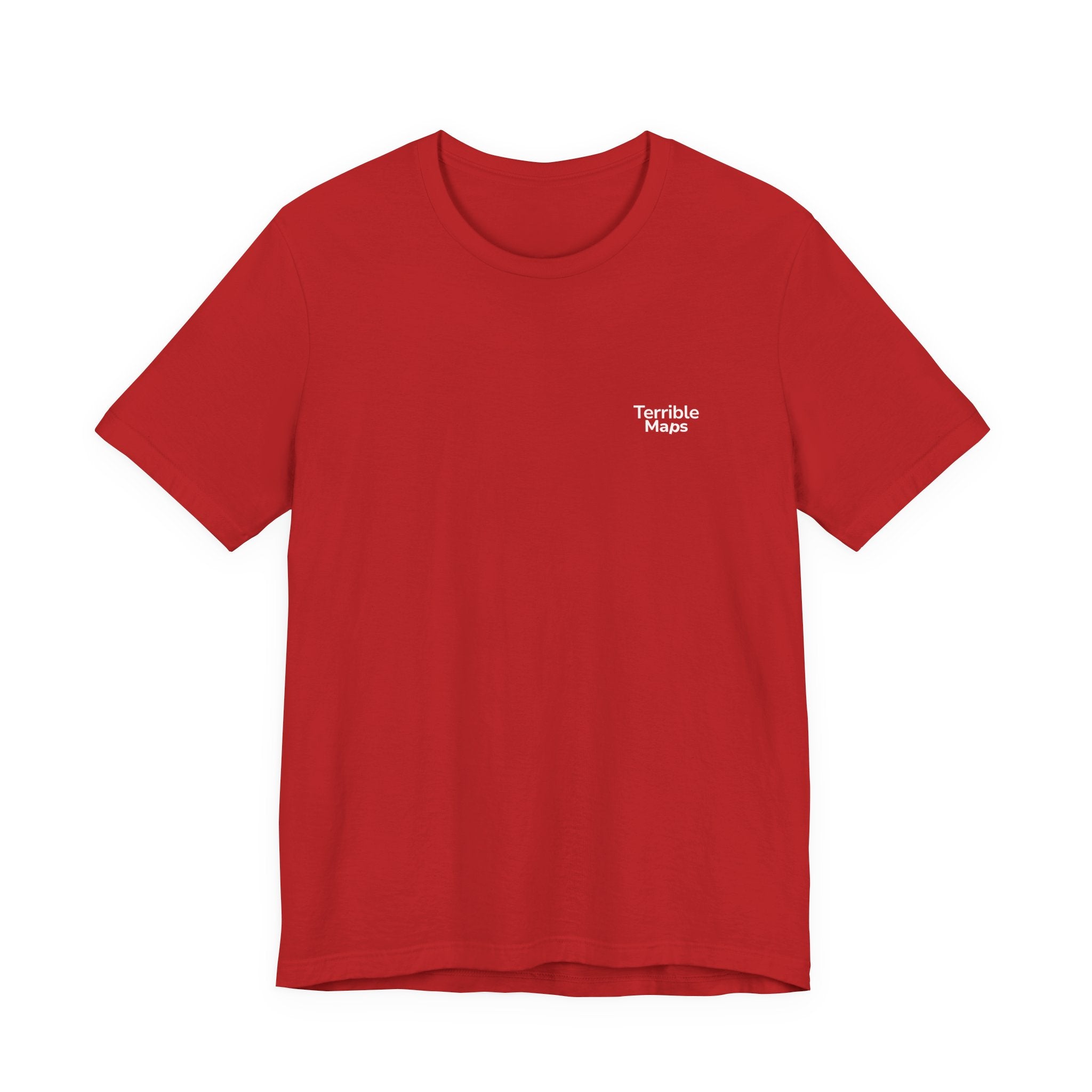 Red t-shirt with 'Terrible Maps' logo on a white background