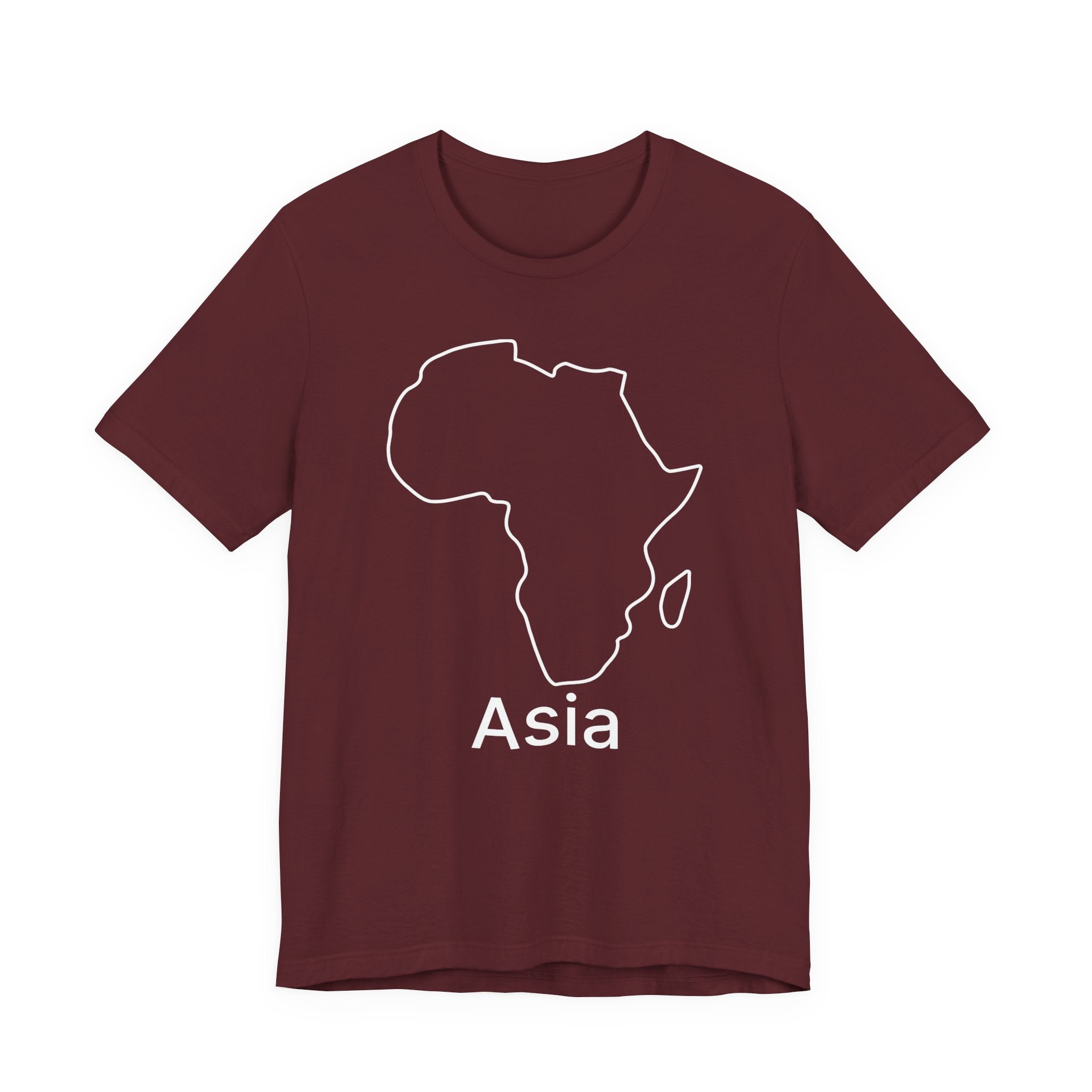 Maroon t-shirt with a map of Africa and the word 'Asia' on a white background