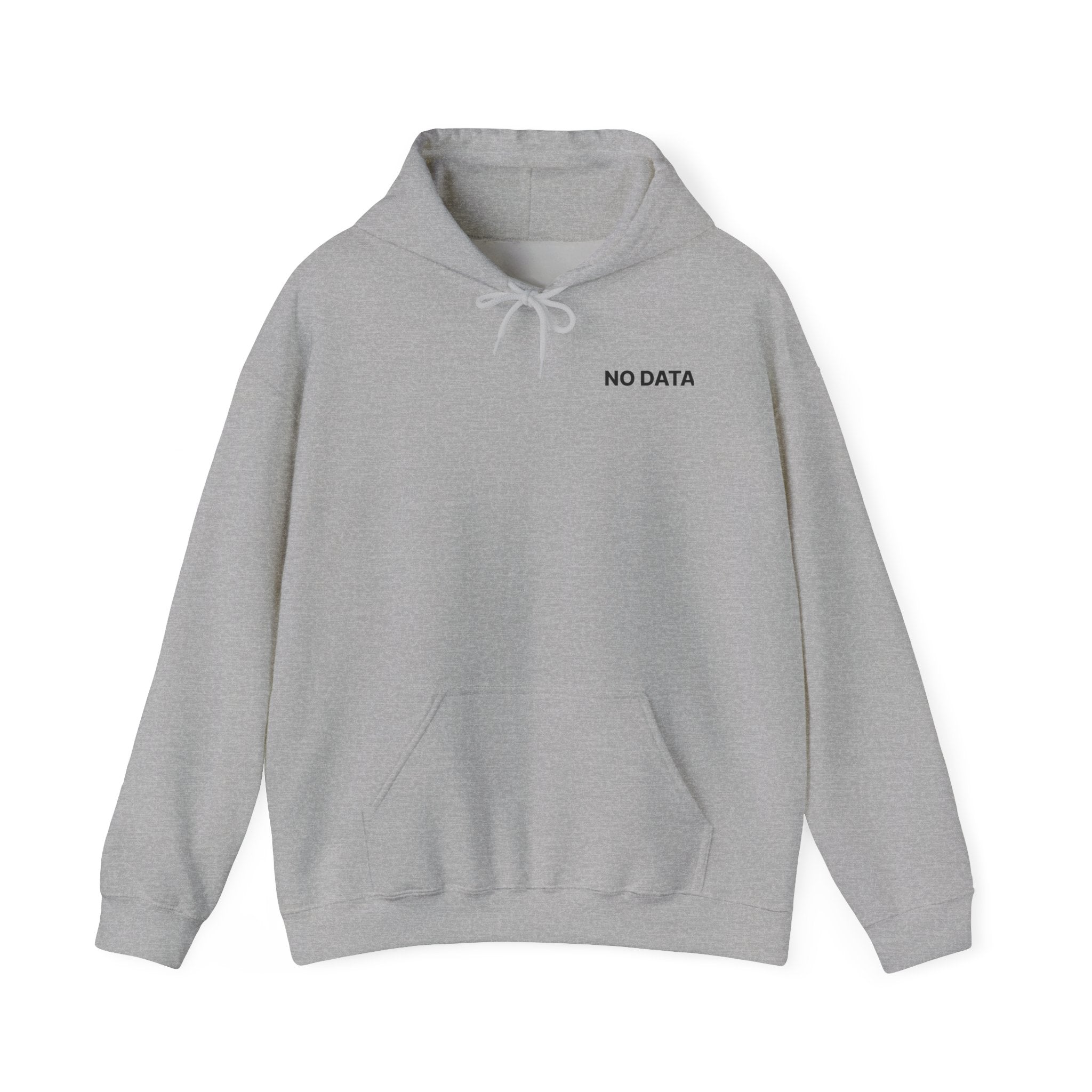 Gray hoodie with 'NO DATA' text on a white background