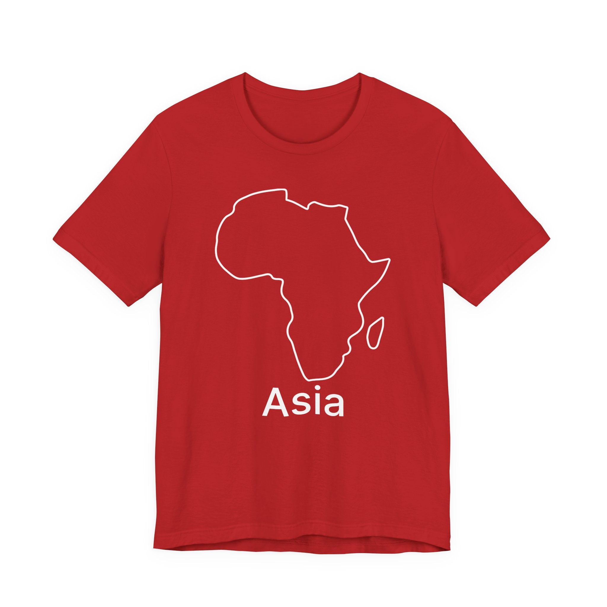 Red t-shirt with a white outline of Africa and the word 'Asia'