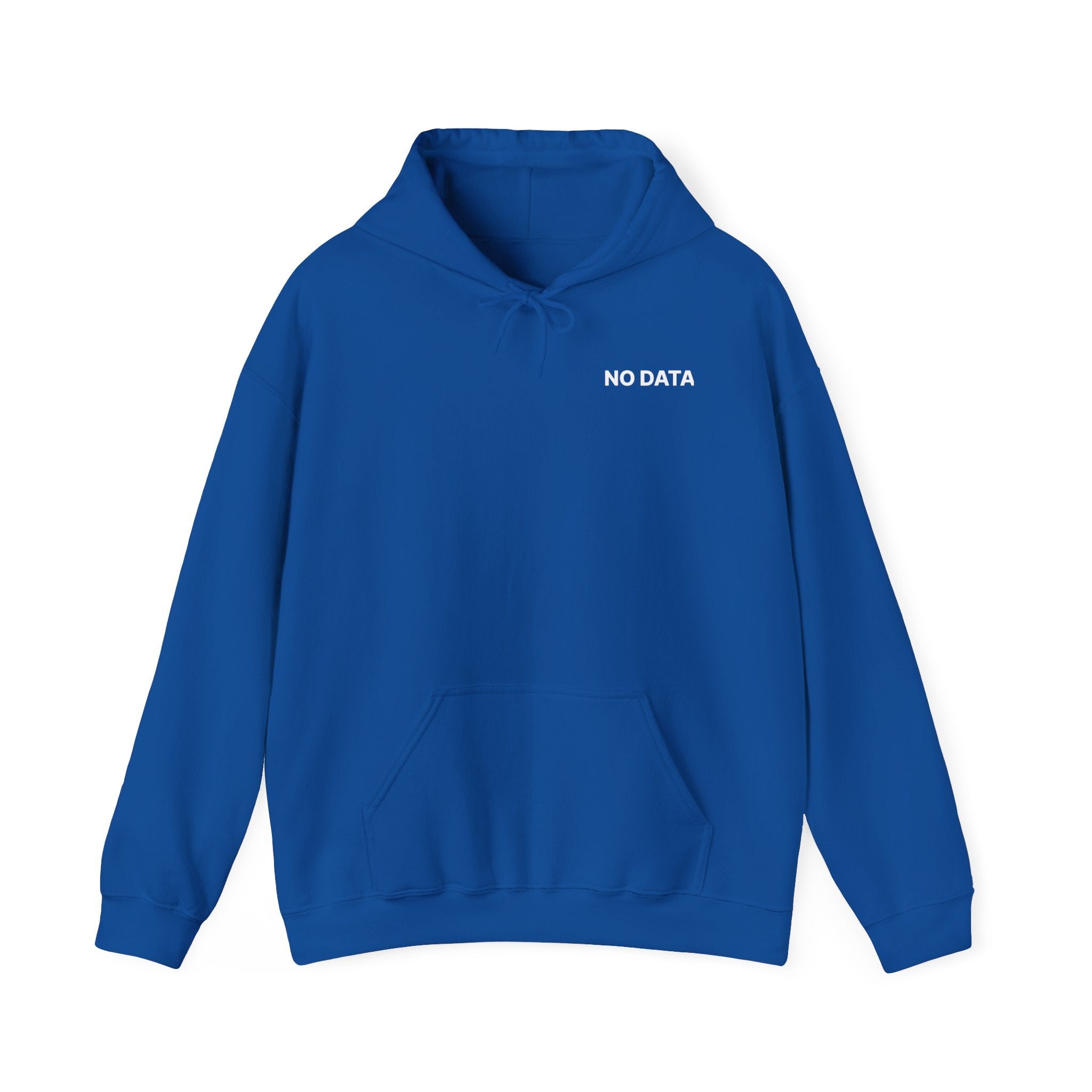 Blue hoodie with 'NO DATA' text on a white background