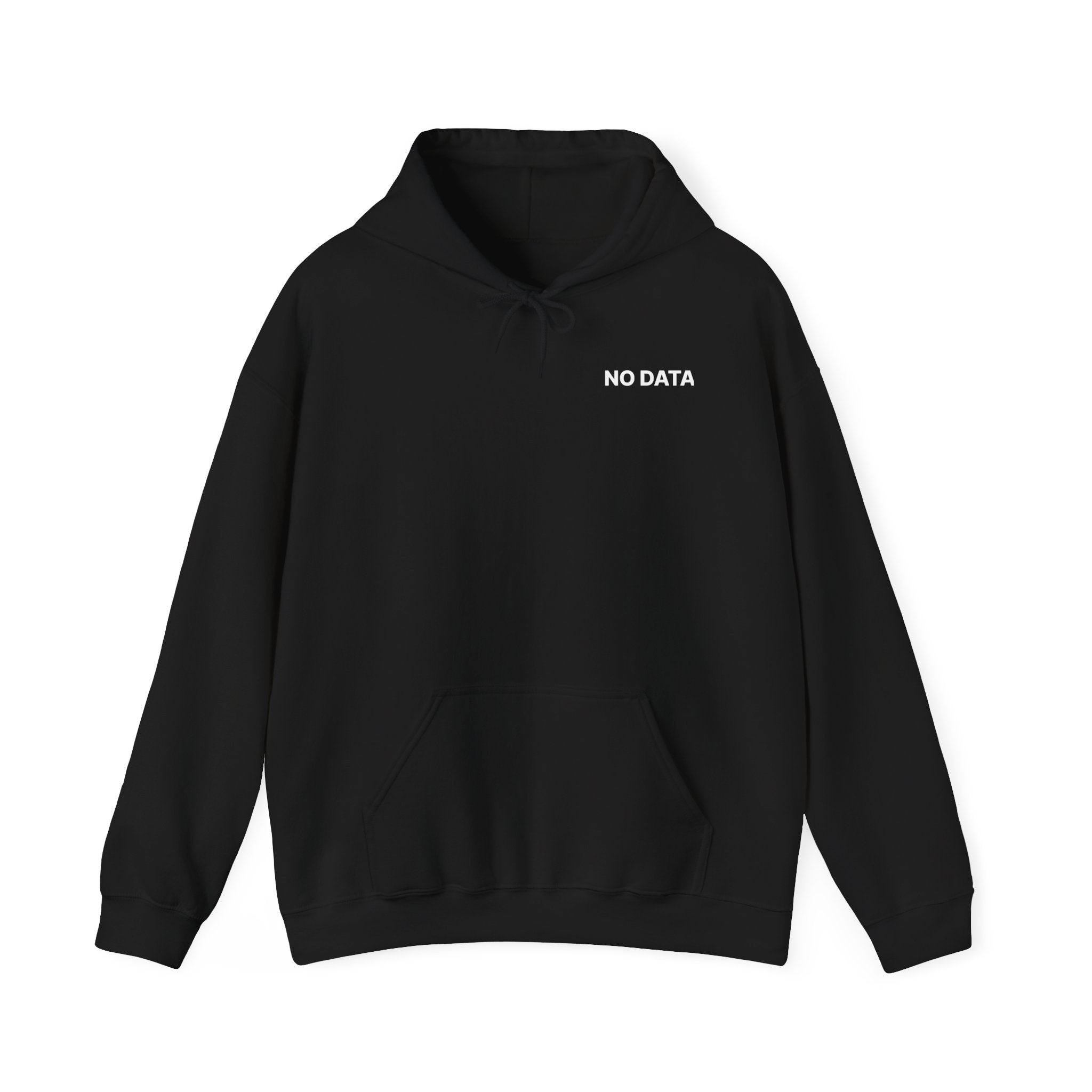 Black hoodie with 'NO DATA' text on a white background