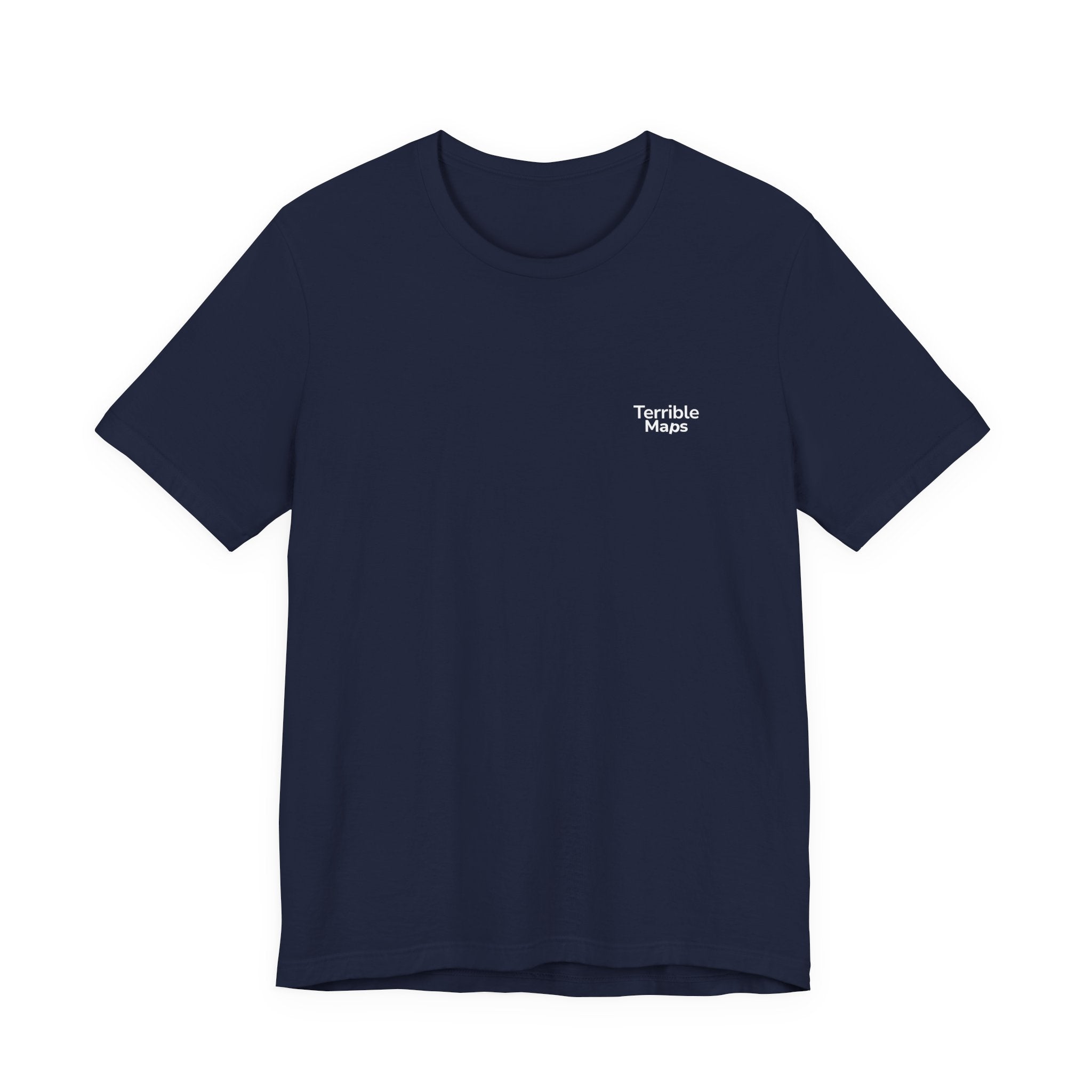 Navy blue t-shirt with 'Terrible Maps' logo on a white background