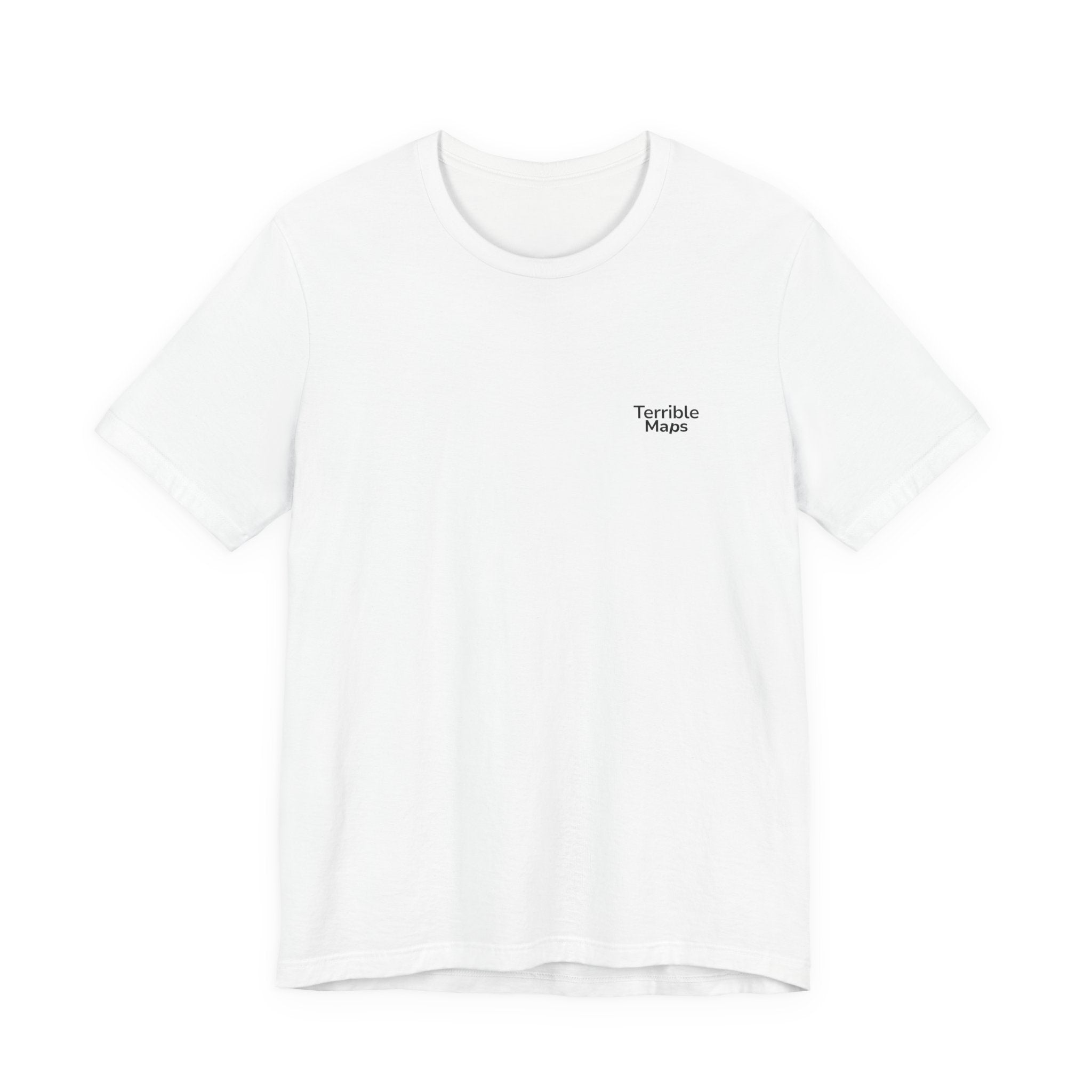 White t-shirt with 'Terrible Maps' logo on a white background