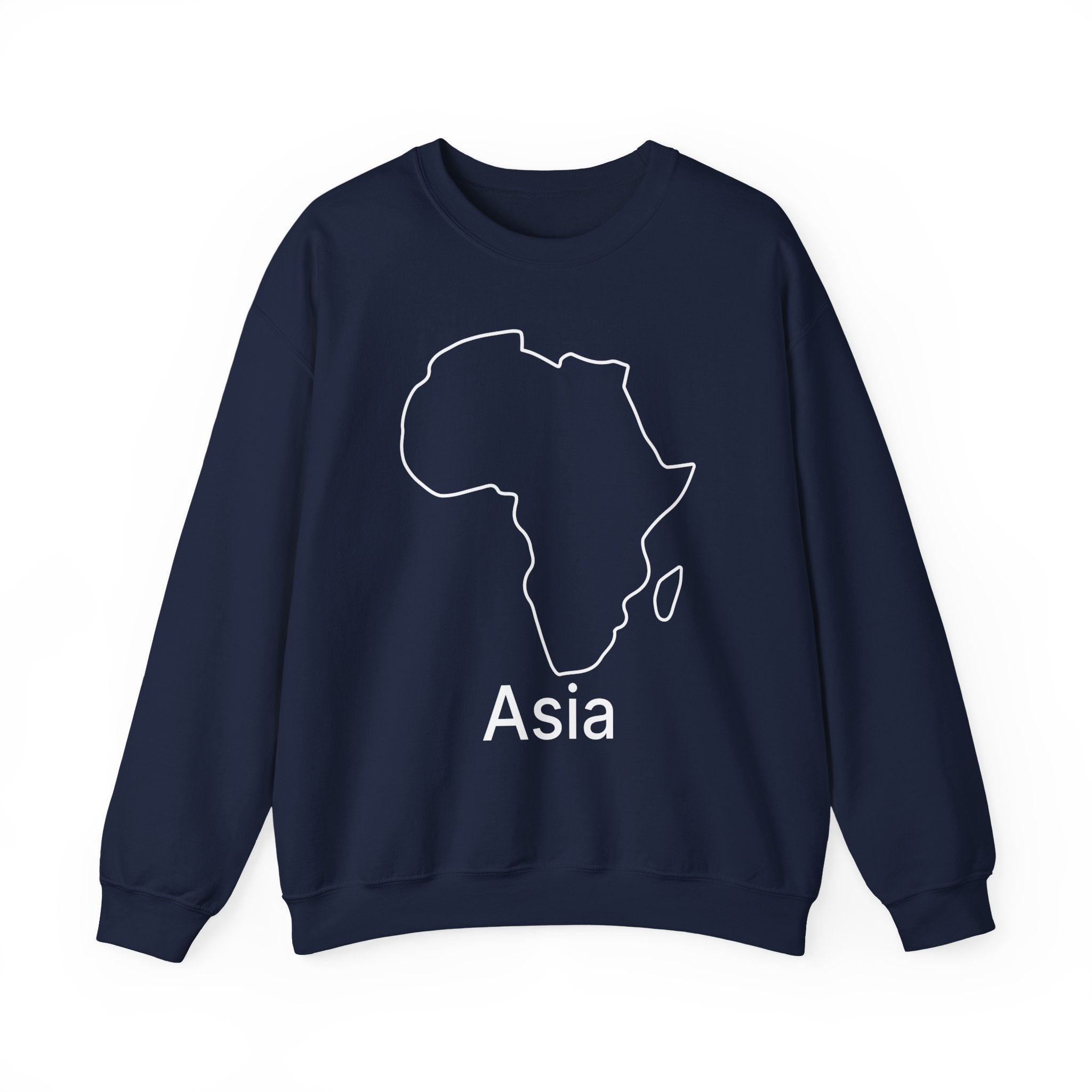 Navy blue sweatshirt with white map of Africa and 'Asia' text on a white background